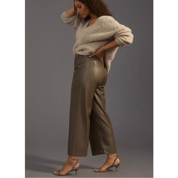 NWT Anthropologie Maeve Collete Green Faux Leather Crop Wide Leg Pants Size 32 - Picture 4 of 14